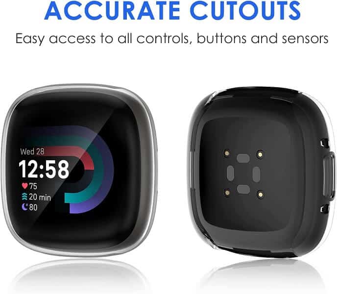 [3 Pack] For Fitbit Sense 2 Screen Protector Case Compatible Ultra Thin Soft Gel TPU Full Coverage Protective Bumper Cover (Black+ Clear + Rose Gold)
