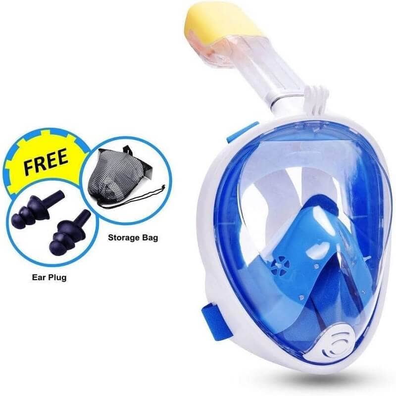 Snorkel Mask Full Face Diving Swimming Scuba Detachable Breathing Tube with Action Camera Mount Adapter Anti-Fog Panoramic 180° View Design for Man Woman Adult Kids (Blue)