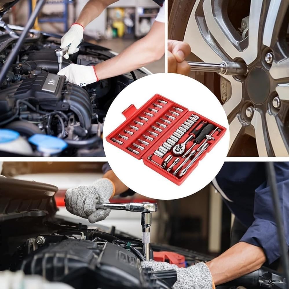 46 PiecesHand Tool Kit with Ratchet Handle, Metric Sockets, Hex Keys, Bit Adaptor & Extensions, Compact Household & Automotive Repair Set in Durable Storage Case