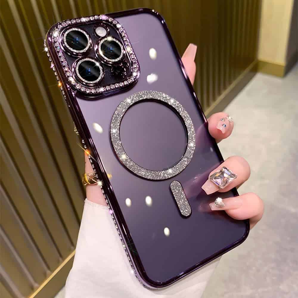 For Apple iPhone 15 Pro Case, MagSafe Magnetic Diamond Rhinestone Glitter Cute Crystal Bling Full Camera Lens Protector Shockproof Cover