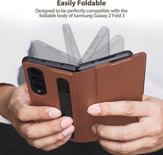Nillkin Samsung Galaxy Z Fold 3 5G Phone Case with S Pen Holder PU Leather Protective Case with Flip Cover and Kickstand (Brown)