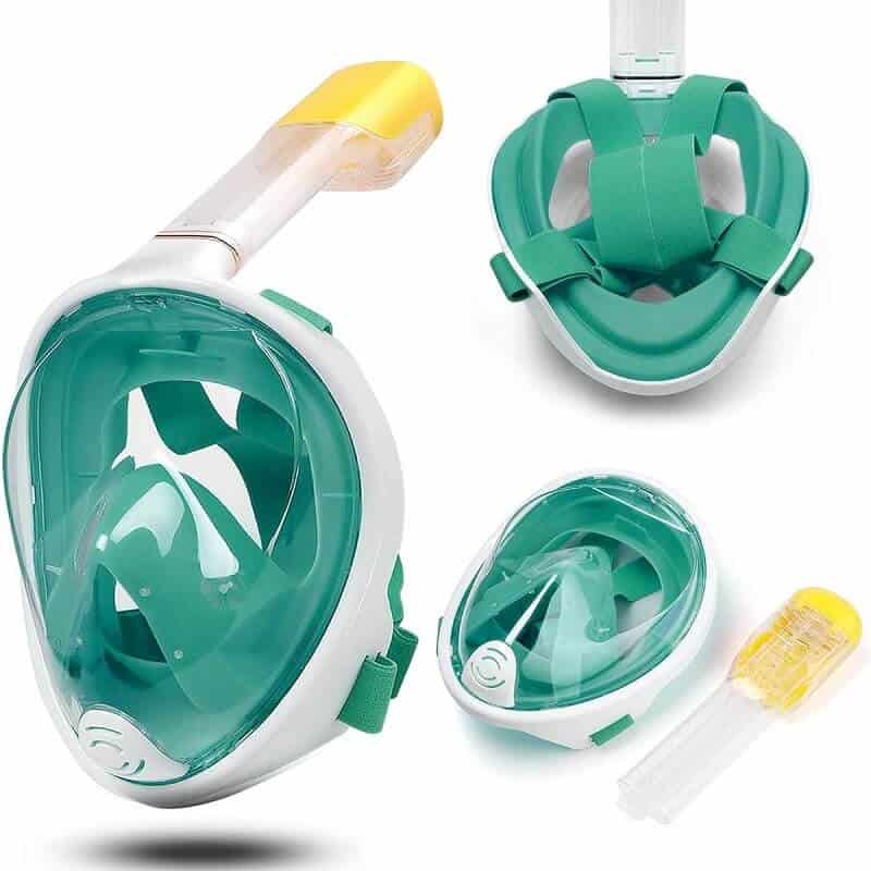 Snorkel Snorkelling Mask Full Face Diving Swimming Scuba Detachable Breathing Tube with Action Camera Mount Adapter Anti-Fog Panoramic 180° View Design for Man Woman Adult Kids (Green)