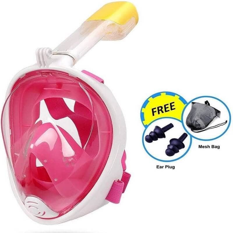 Snorkel Mask Full Face Diving Swimming Scuba Detachable Breathing Tube with Action Camera Mount Adapter Anti-Fog Panoramic 180° View Design for Man Woman Adult Kids (Pink)