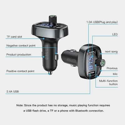 Baseus Handsfree Wireless Bluetooth FM Transmitter MP3 Music Player Dual Car Charger