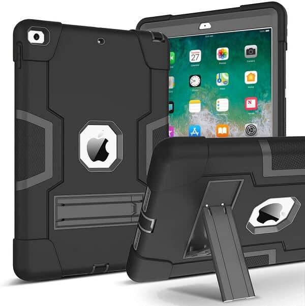 iPad 6th 5th Gen Air 1 Heavy Duty Case 9.7 Fancy Hybrid Stand Cover (Black)