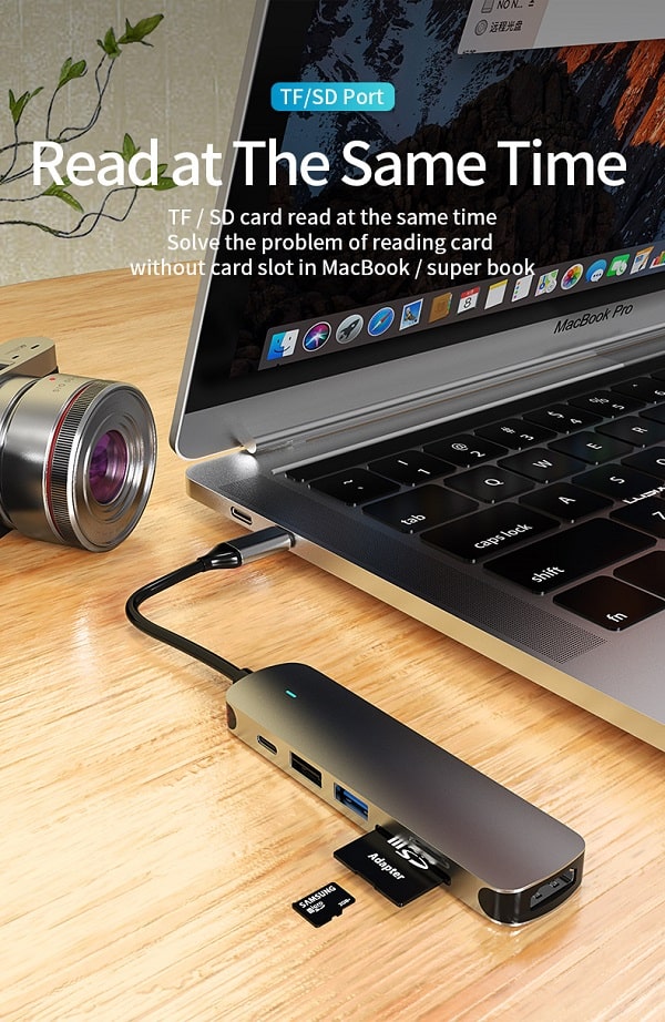 6in1, 6W USB Type C Hub With 4K HDMI, 2 USB Ports, SD/TF Card Reader USB C Adapter Dock for MacBook Air/Pro/Chromebook/Type C Laptops