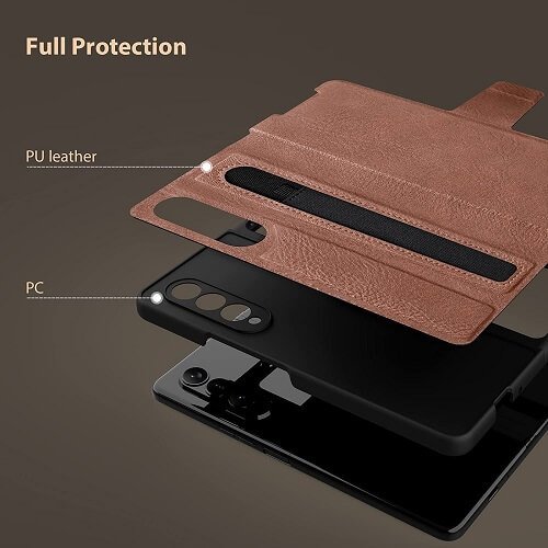 Nillkin Samsung Galaxy Z Fold 3 5G Phone Case with S Pen Holder PU Leather Protective Case with Flip Cover and Kickstand (Brown)