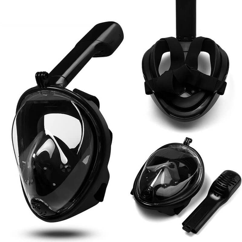 Snorkel Mask Full Face Diving Swimming Scuba Detachable Breathing Tube with Action Camera Mount Adapter Anti-Fog Panoramic 180° View Design for Man Woman Adult Kids (Black)