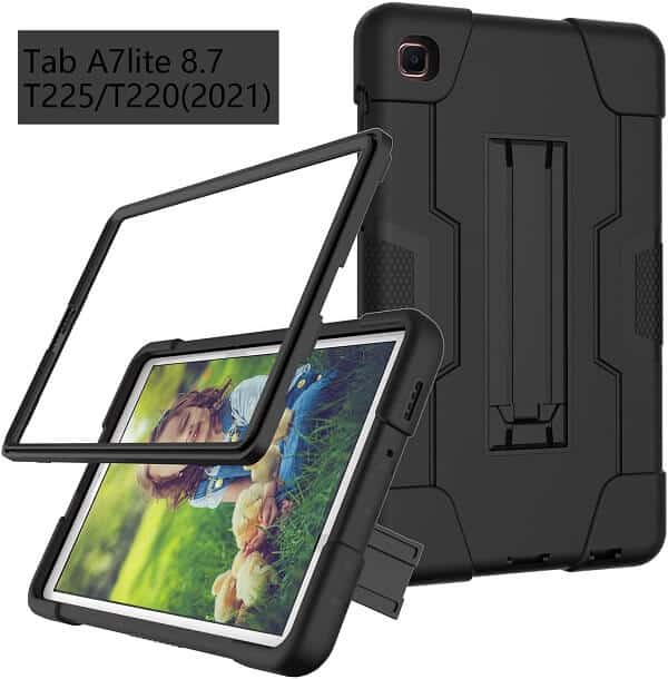 Samsung Galaxy Tab A7 Lite 8.7 inch SM-T220 T225 Tablet Case Shockproof Kids Friendly Rugged Hybrid Heavy Duty Kickstand Cover (Black)