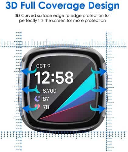 (3 Pcs) Fitbit Versa Versa 4 /Versa 3 Screen Protector Full Coverage Tempered Glass Guard (Black)