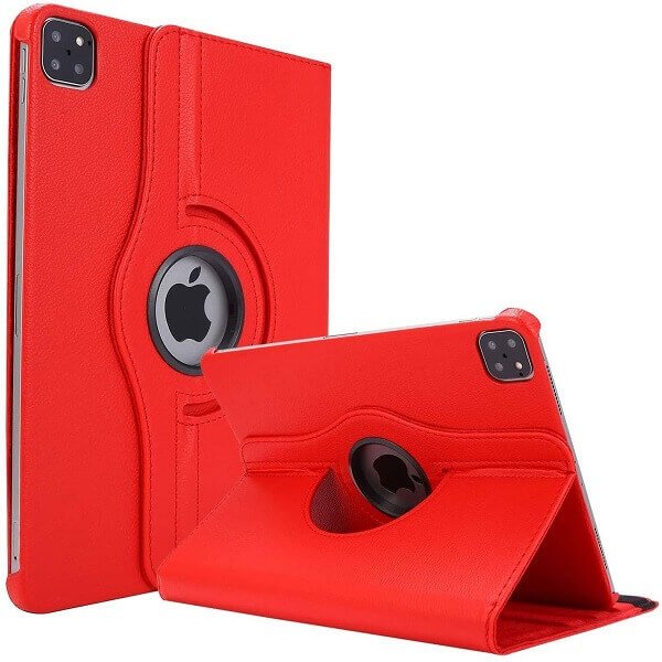 Apple iPad Pro 12.9 inch 2021 5th Gen Leather Case, Rotating 360 Degree Stand Cover (Red)