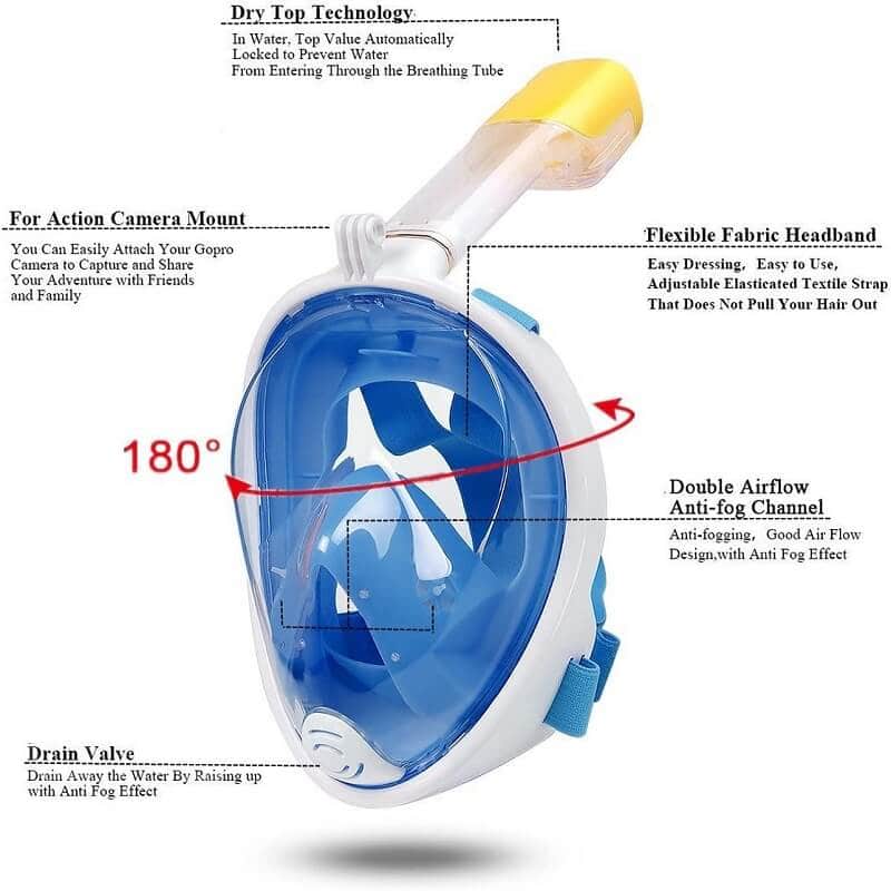 Snorkel Mask Full Face Diving Swimming Scuba Detachable Breathing Tube with Action Camera Mount Adapter Anti-Fog Panoramic 180° View Design for Man Woman Adult Kids (Blue)