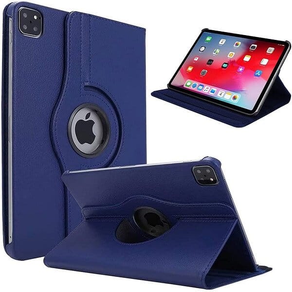 Apple iPad Pro 12.9 inch 2021 5th Gen Leather Case, Rotating 360 Degree Stand Cover (Navy Blue)