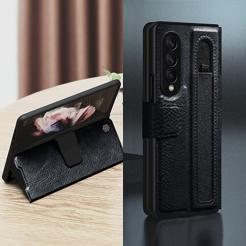 Nillkin Samsung Galaxy Z Fold 4 5G Phone Case with S Pen Holder, PU Leather Protective Case with Flip Cover and Kickstand (Black)