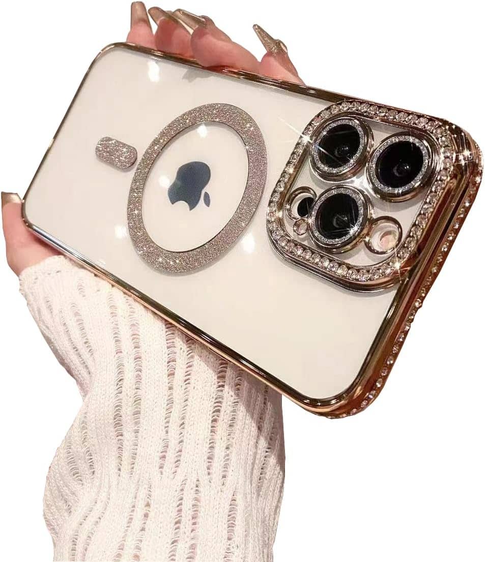 For Apple iPhone 15 Pro Case, MagSafe Magnetic Diamond Rhinestone Glitter Cute Crystal Bling Full Camera Lens Protector Shockproof Cover