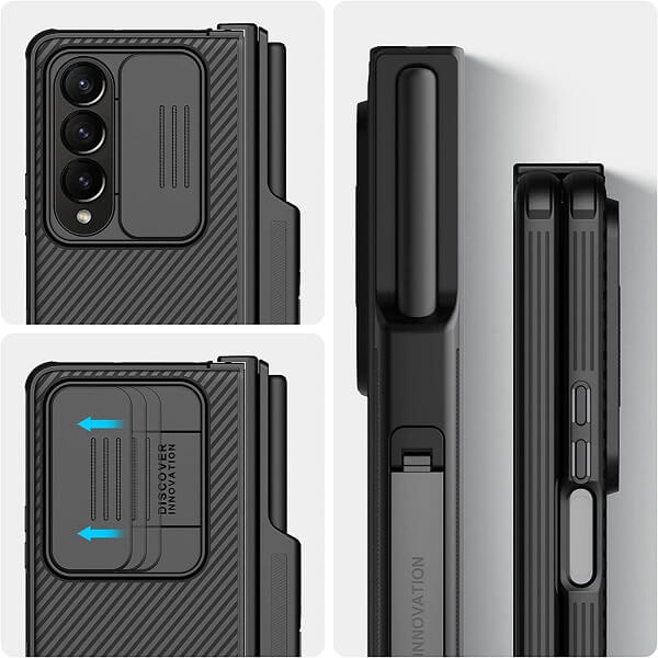 Nillkin CamShield Samsung Galaxy Z Fold 4 Fold4 5G Slide Camera Back Protective S Pen Holder 360° Fiber Cover Kickstand With S-Pen Pocket (Black)