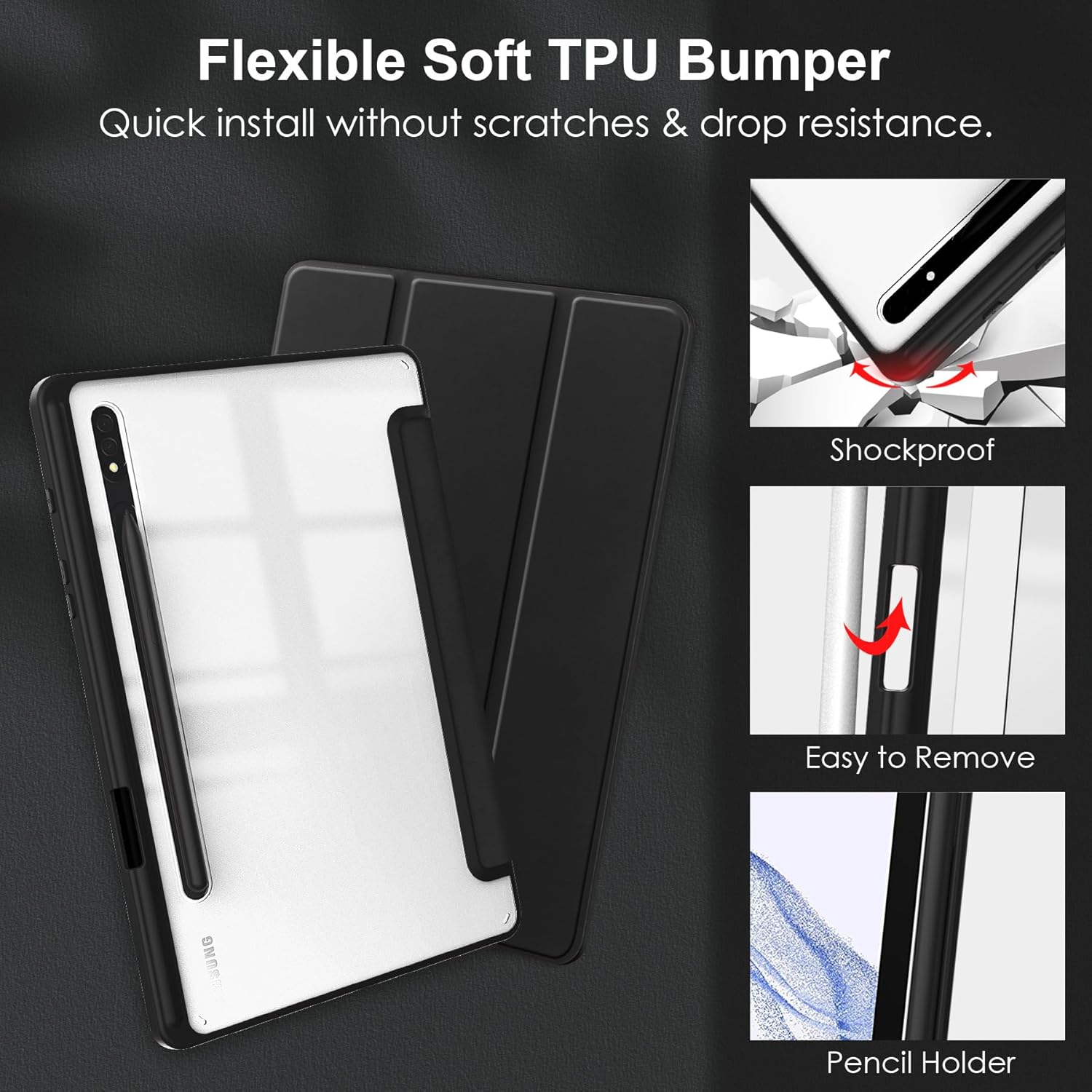 For Samsung Galaxy Tab S10 Ultra /S9 Ultra /S8 Ultra - With Pencil Holder Folio Smart Leather Magnetic Stand Case Cover (Black)