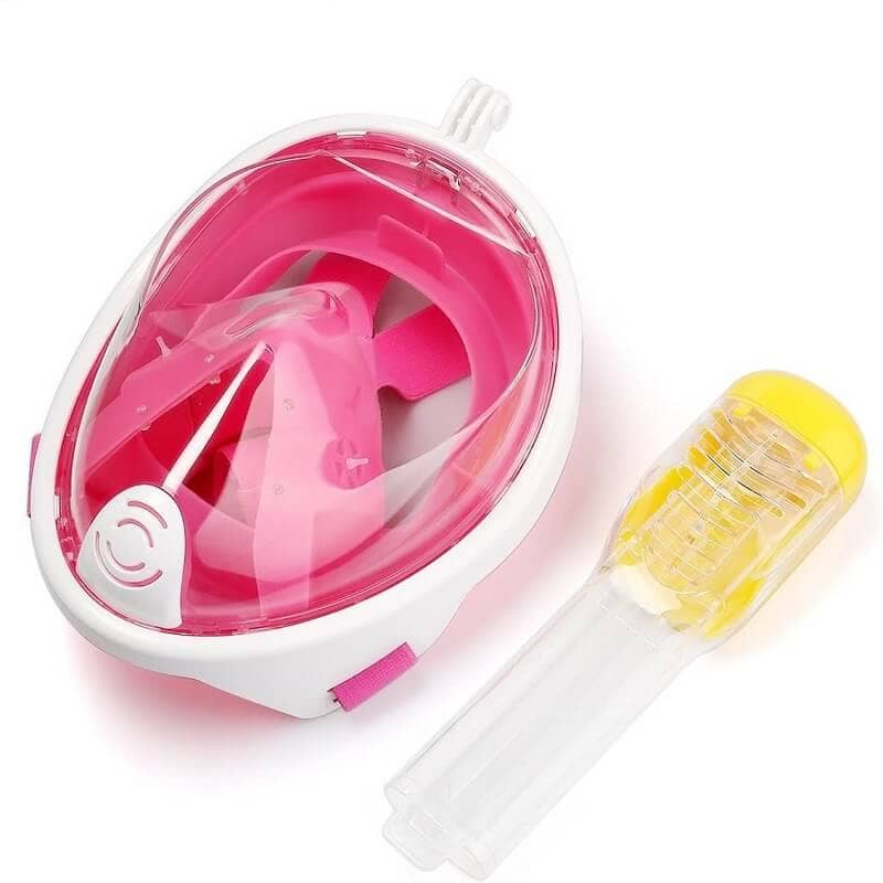 Snorkel Mask Full Face Diving Swimming Scuba Detachable Breathing Tube with Action Camera Mount Adapter Anti-Fog Panoramic 180° View Design for Man Woman Adult Kids (Pink)