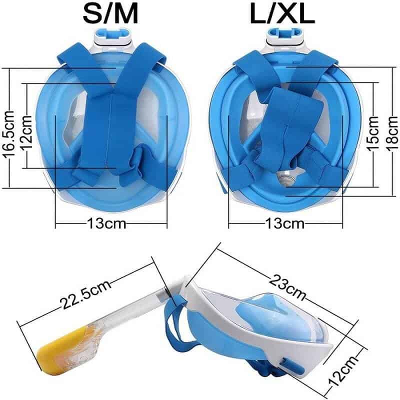 Snorkel Mask Full Face Diving Swimming Scuba Detachable Breathing Tube with Action Camera Mount Adapter Anti-Fog Panoramic 180° View Design for Man Woman Adult Kids (Blue)