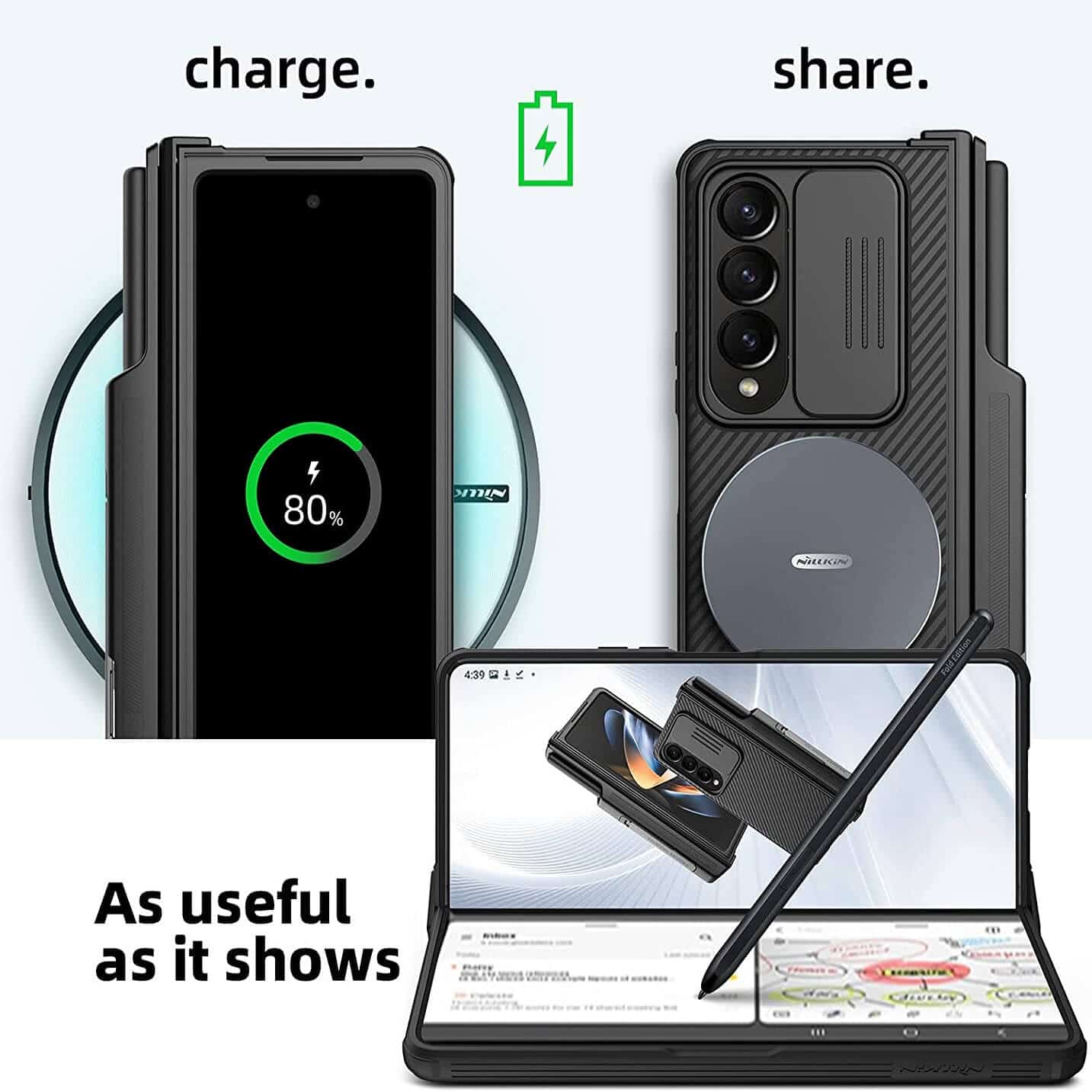 Nillkin CamShield Samsung Galaxy Z Fold 4 Fold4 5G Slide Camera Back Protective S Pen Holder 360° Fiber Cover Kickstand With S-Pen Pocket (Black)