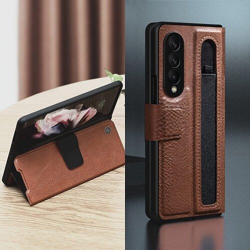 Nillkin Samsung Galaxy Z Fold 3 5G Phone Case with S Pen Holder PU Leather Protective Case with Flip Cover and Kickstand (Brown)