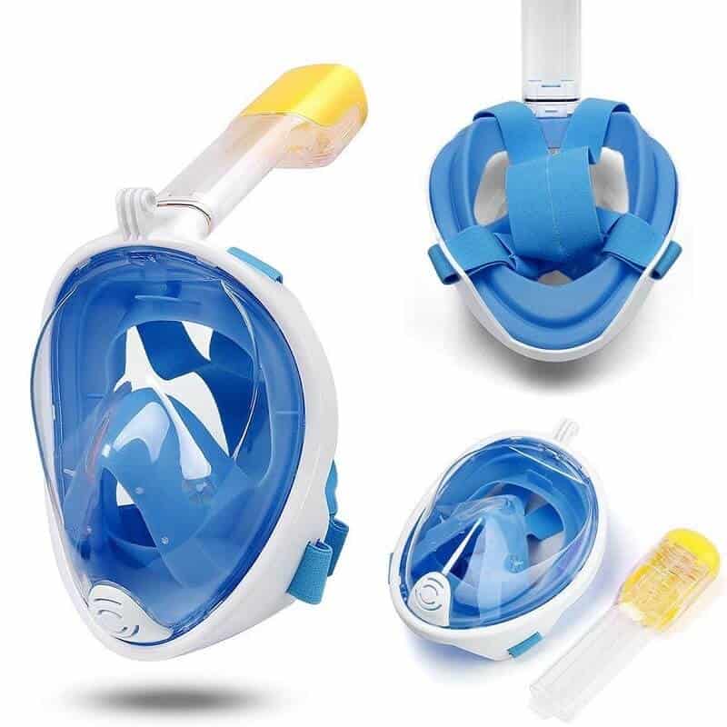 Snorkel Mask Full Face Diving Swimming Scuba Detachable Breathing Tube with Action Camera Mount Adapter Anti-Fog Panoramic 180° View Design for Man Woman Adult Kids (Blue)