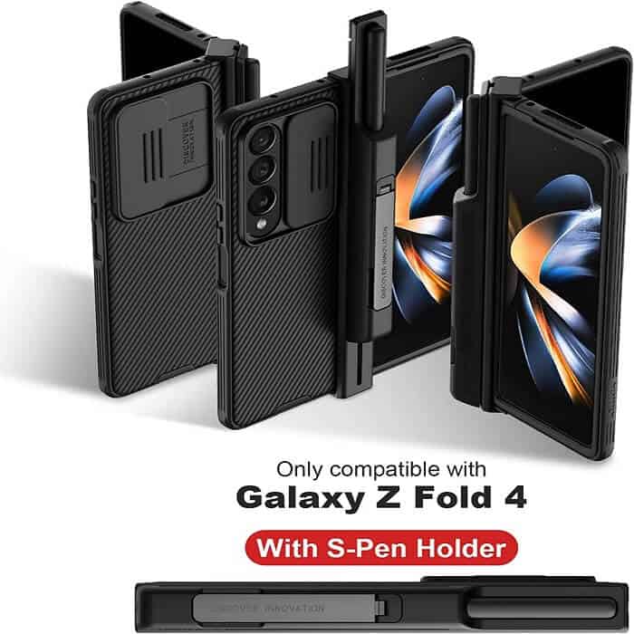 Nillkin CamShield Samsung Galaxy Z Fold 4 Fold4 5G Slide Camera Back Protective S Pen Holder 360° Fiber Cover Kickstand With S-Pen Pocket (Black)