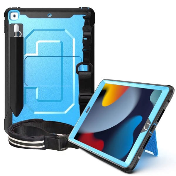 Apple iPad 7th 8th 9th Gen 10.2 inch 2019 2020 2021 Forr Kids With Pencil Holder Shockproof Protective Heavy Duty Kickstand Shoulder Belt Carry Strap +Pen Holder Back Stand Case Cover (Blue)