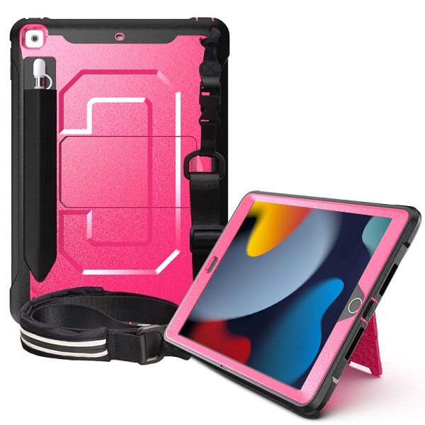 Apple iPad 7th 8th 9th Gen 10.2 inch 2019 2020 2021 Forr Kids With Pencil Holder Shockproof Protective Heavy Duty Kickstand Shoulder Belt Carry Strap +Pen Holder Back Stand Case Cover (Hot Pink)