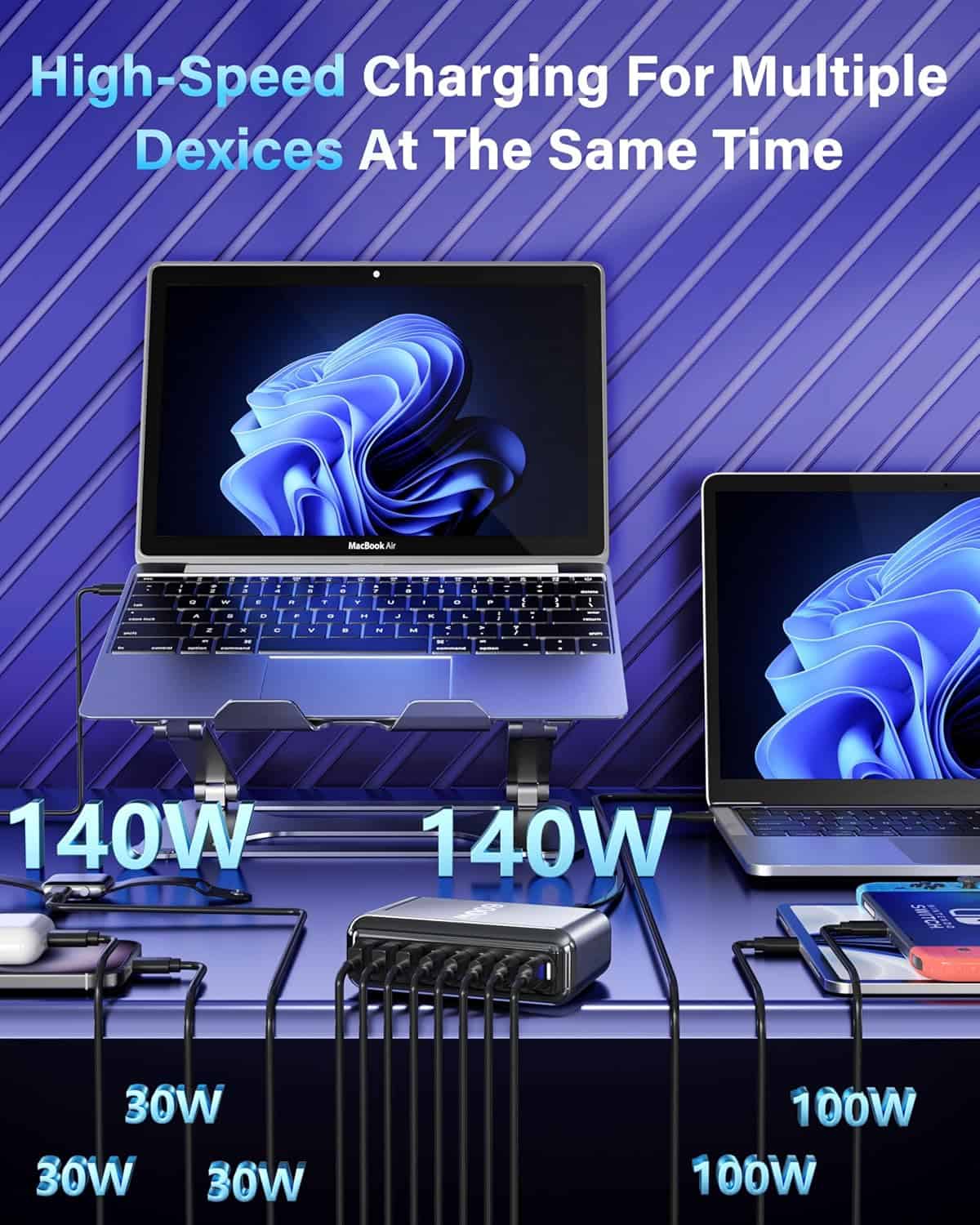 600W 8-Port GaN Charger Dock, 140W/100W USB-C & 30W USB-A, for MacBook, iPad, iPhone, Samsung, Pixel, Dell – Laptop & Phone Charging Station