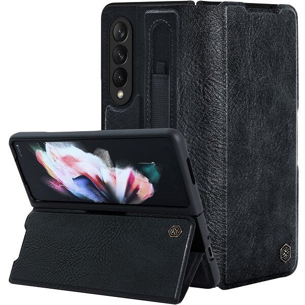 Nillkin Samsung Galaxy Z Fold 3 5G Phone Case with S Pen Holder PU Leather Protective Case with Flip Cover and Kickstand (Black)