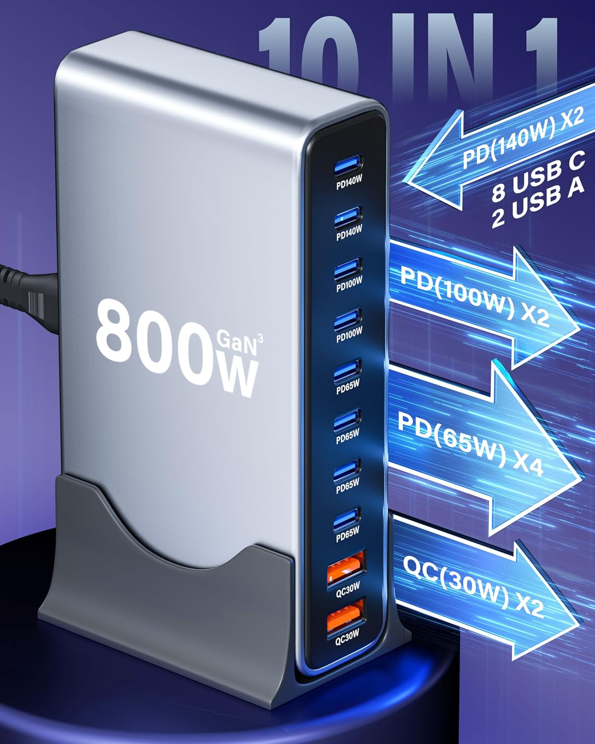 800W 10-Port GaN USB-C Fast Charging Station – 140W PD Charger for MacBook, Laptop, iPhone, Samsung & iPad