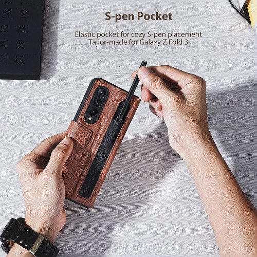 Nillkin Samsung Galaxy Z Fold 3 5G Phone Case with S Pen Holder PU Leather Protective Case with Flip Cover and Kickstand (Brown)
