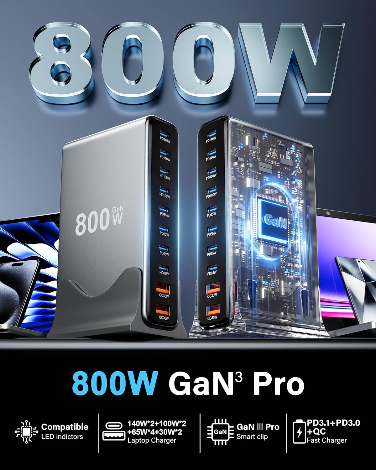 800W 10-Port GaN USB-C Fast Charging Station – 140W PD Charger for MacBook, Laptop, iPhone, Samsung & iPad