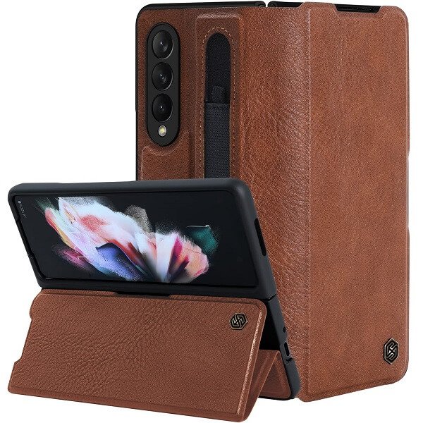 Nillkin Samsung Galaxy Z Fold 3 5G Phone Case with S Pen Holder PU Leather Protective Case with Flip Cover and Kickstand (Brown)