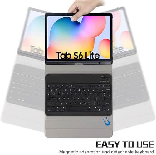 With Pencil Holder Samsung Galaxy Tab S6 Lite 10.4 Inch SM-P610 P615 Wireless Bluetooth Keyboard Case, Folio Leather Smart Cover