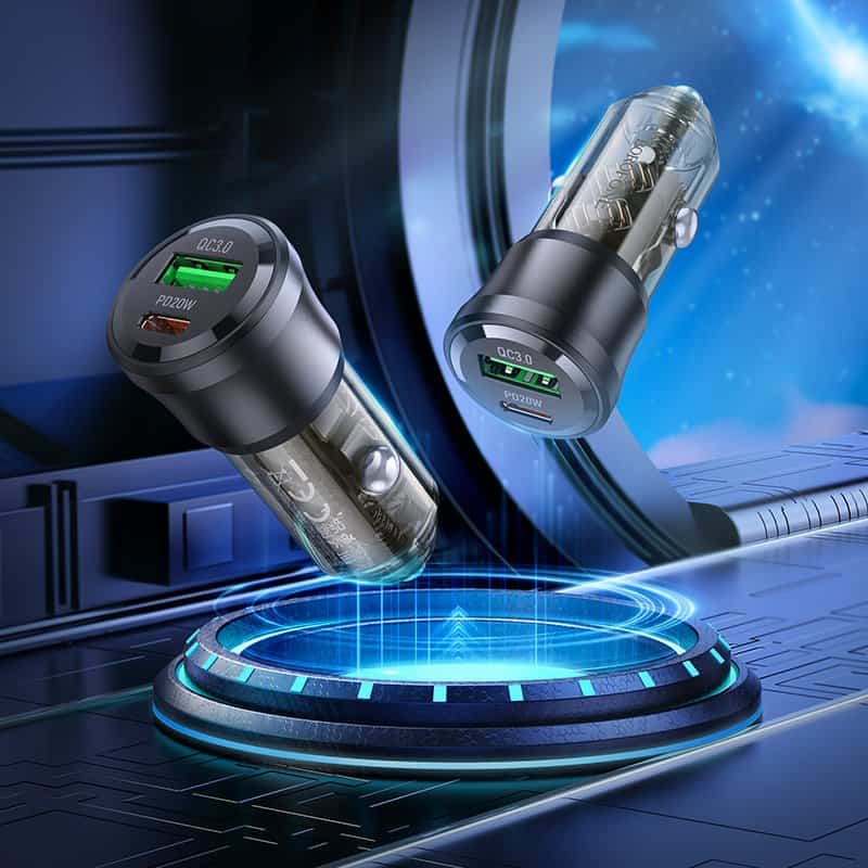 Borofone BZ25 38W PD20W PD USB Type C + QC3.0 USB A Fast Charging Quick Charger Car Charger Socket Adapter ( Transparent Black)