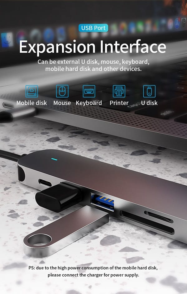 6in1, 6W USB Type C Hub With 4K HDMI, 2 USB Ports, SD/TF Card Reader USB C Adapter Dock for MacBook Air/Pro/Chromebook/Type C Laptops
