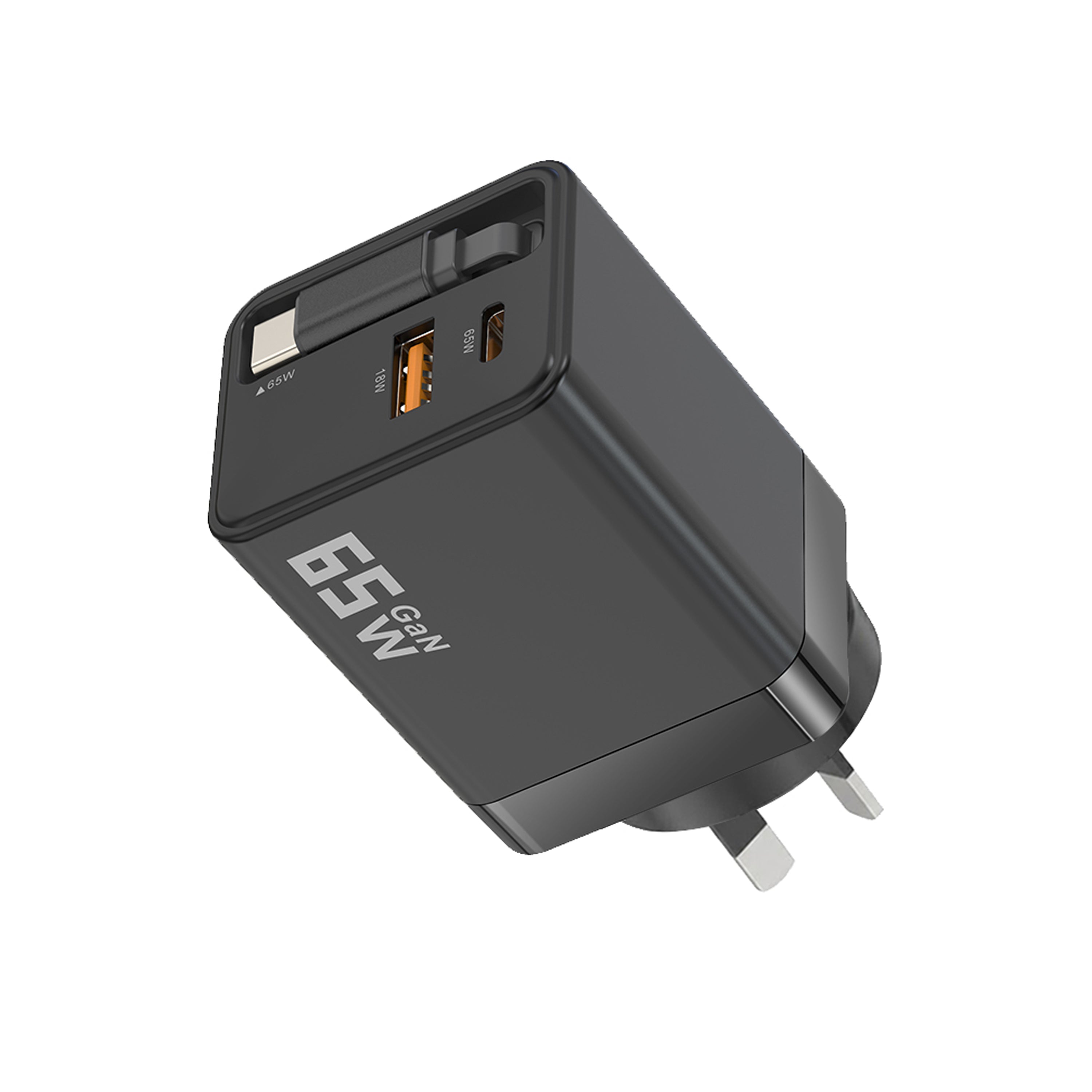65W GaN Fast Charging Charger with AU Wall Plug Power Adapter - Compact Design Including a 70cm Built-in Retractable Type-C Cable Plus Dual Output Ports (USB-C & QC3.0 USB-A)