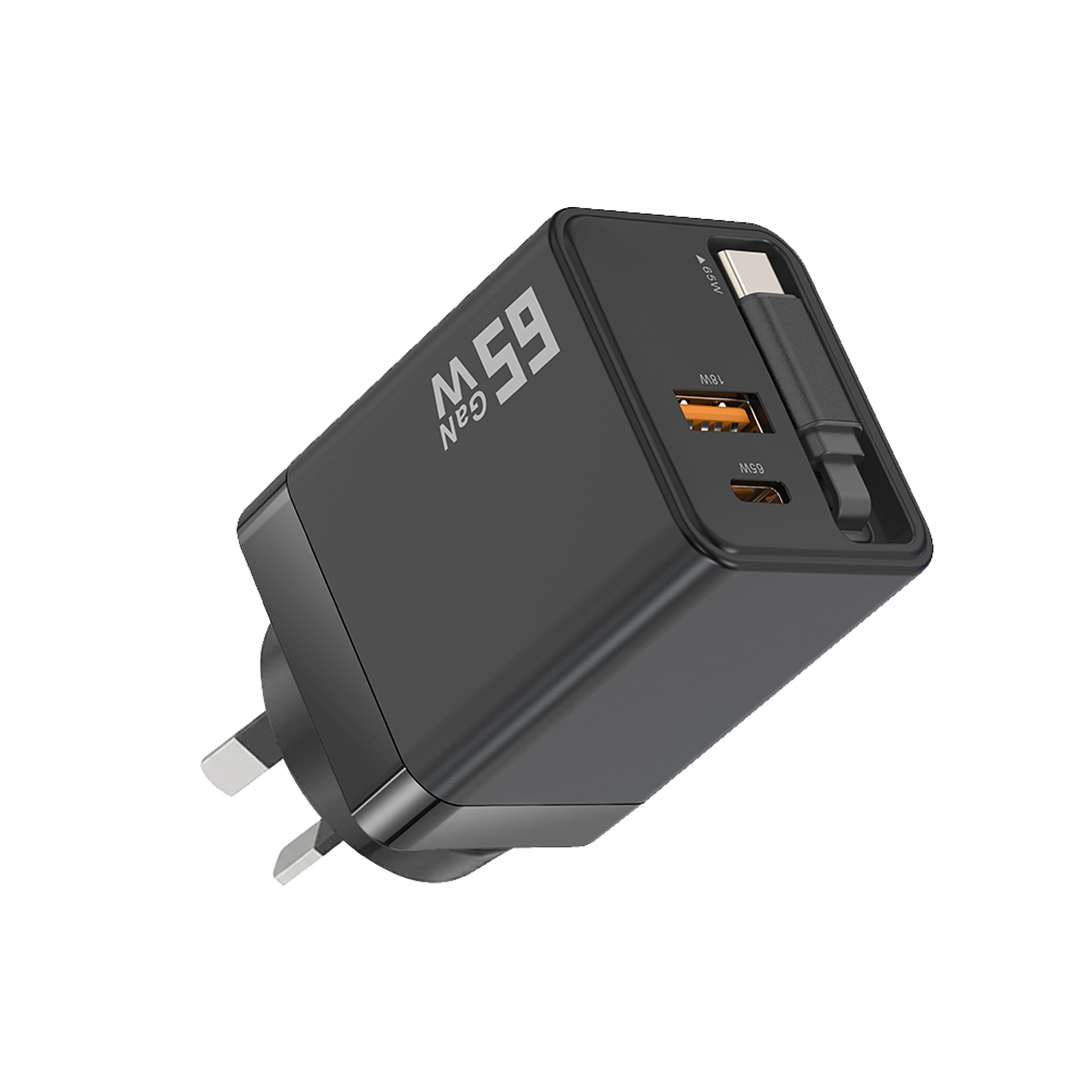 65W GaN Fast Charging Charger with AU Wall Plug Power Adapter - Compact Design Including a 70cm Built-in Retractable Type-C Cable Plus Dual Output Ports (USB-C & QC3.0 USB-A)
