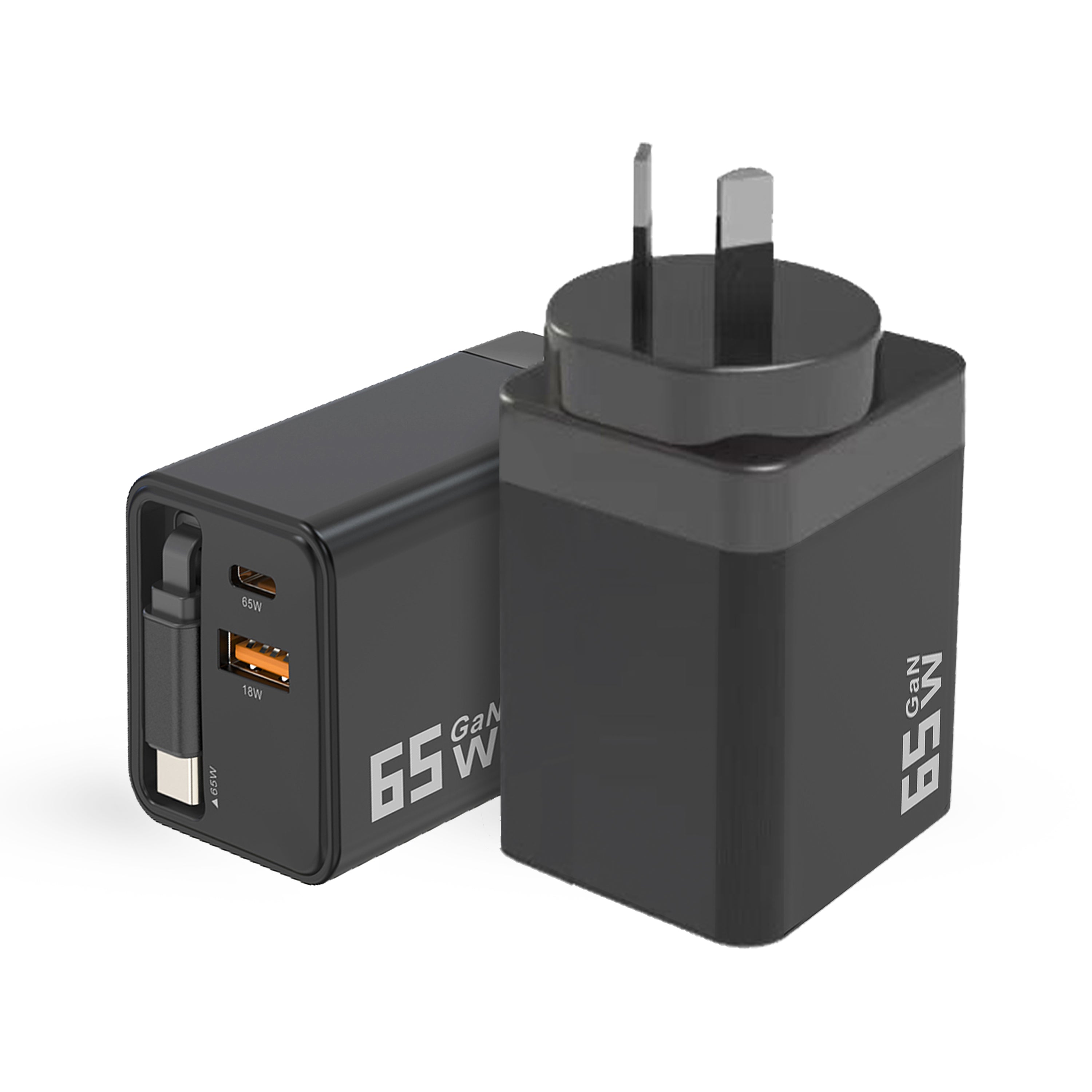 65W GaN Fast Charging Charger with AU Wall Plug Power Adapter - Compact Design Including a 70cm Built-in Retractable Type-C Cable Plus Dual Output Ports (USB-C & QC3.0 USB-A)