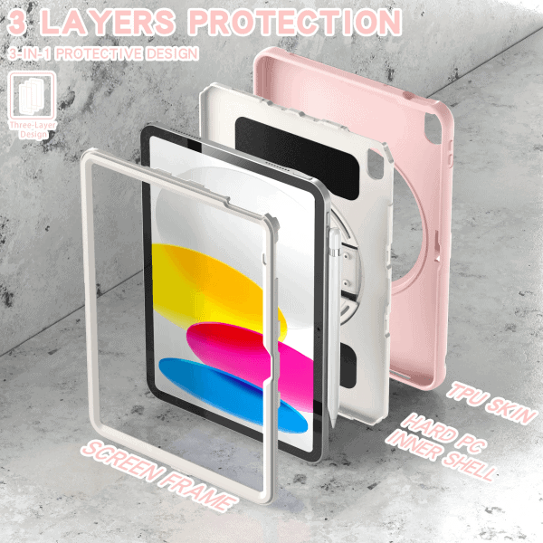 Apple iPad 10th Gen 10.9 inch 2022 Military Grade Rotating Case TPU Shockproof Multi-Layer Protective Kickstand Cover (Rose Gold)