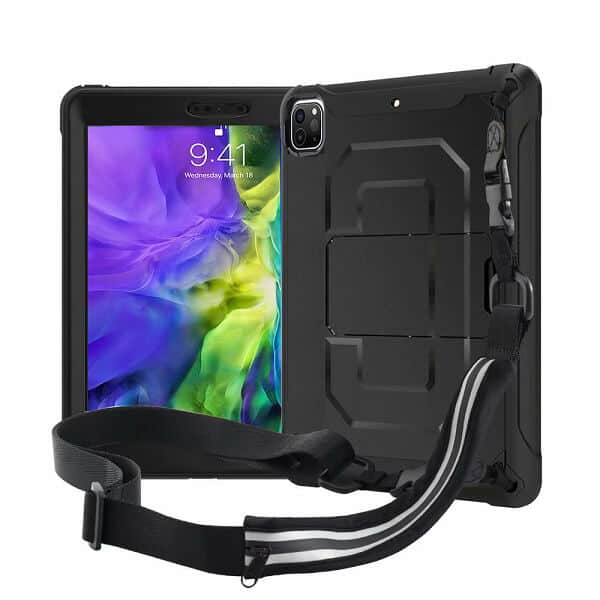 For Apple iPad Pro 11 inch 2nd Generation 2020 For Kids With Pencil Holder Shockproof Protective Heavy Duty Kickstand Shoulder Belt Carry Strap +Pen Holder Back Stand Case Cover (Black)