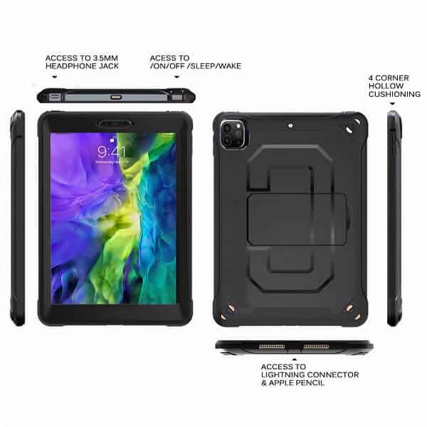 For Apple iPad Pro 11 inch 2nd Generation 2020 For Kids With Pencil Holder Shockproof Protective Heavy Duty Kickstand Shoulder Belt Carry Strap +Pen Holder Back Stand Case Cover (Black)