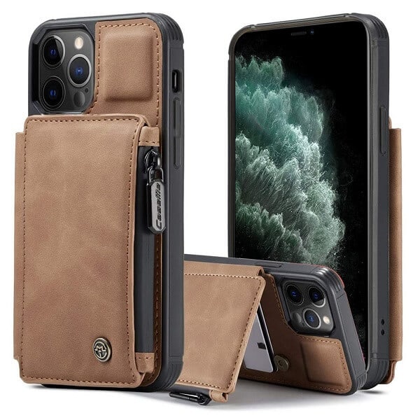 Apple iPhone 11 Pro CaseMe Back Zipper Wallet Case W 3 Card Slots, RFID Blocking, 1 Money Pocket, Credit Card Holder Leather Cover (Brown)