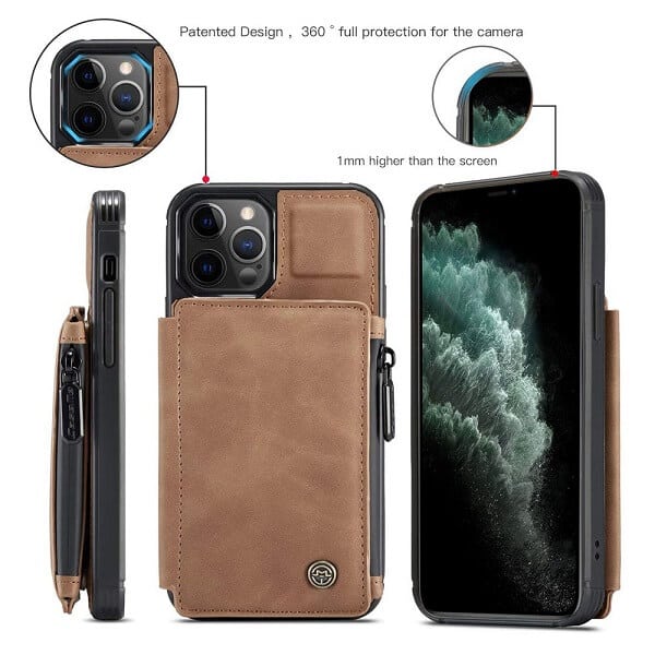 Apple iPhone 11 Pro CaseMe Back Zipper Wallet Case W 3 Card Slots, RFID Blocking, 1 Money Pocket, Credit Card Holder Leather Cover (Brown)