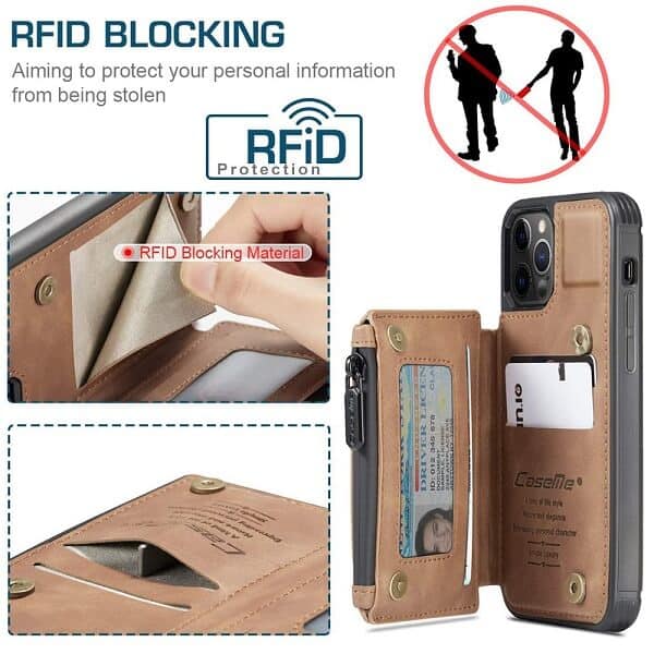 Apple iPhone 11 Pro CaseMe Back Zipper Wallet Case W 3 Card Slots, RFID Blocking, 1 Money Pocket, Credit Card Holder Leather Cover (Brown)
