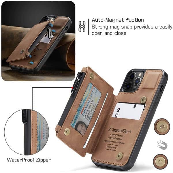 Apple iPhone 11 Pro CaseMe Back Zipper Wallet Case W 3 Card Slots, RFID Blocking, 1 Money Pocket, Credit Card Holder Leather Cover (Brown)