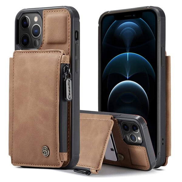 Apple iPhone 12 Pro Max Back Zipper Wallet Case W 3 Card Slots, RFID Blocking, 1 Money Pocket, Credit Card Holder Leather Cover (Brown)