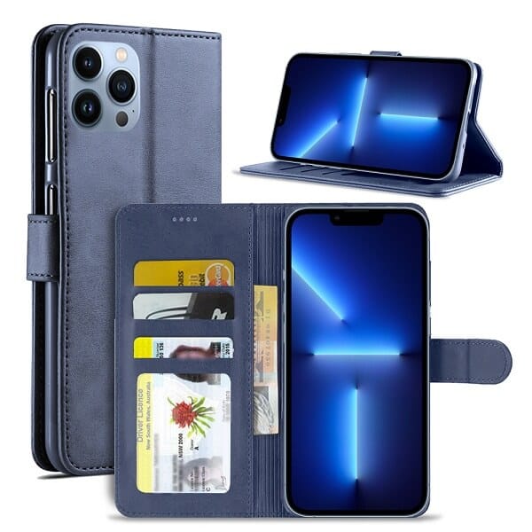 Apple iPhone 13 Pro Max Wallet Case Flip Leather Card Slots Magnetic Stand Cover (Navy Blue)